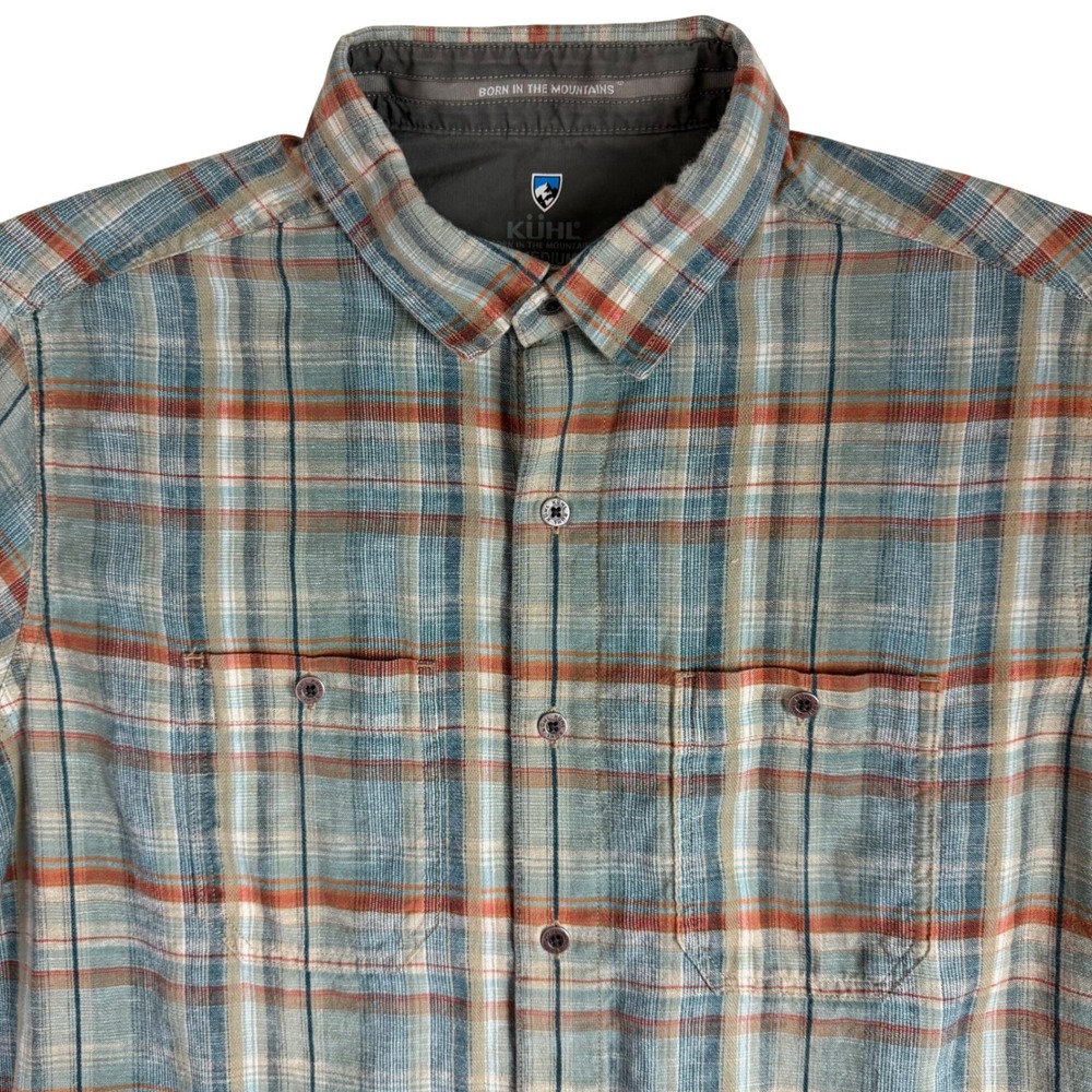 Kuhl Plaid Button Down Shirt Mens Medium Blue Orange Short Sleeve Outdoor